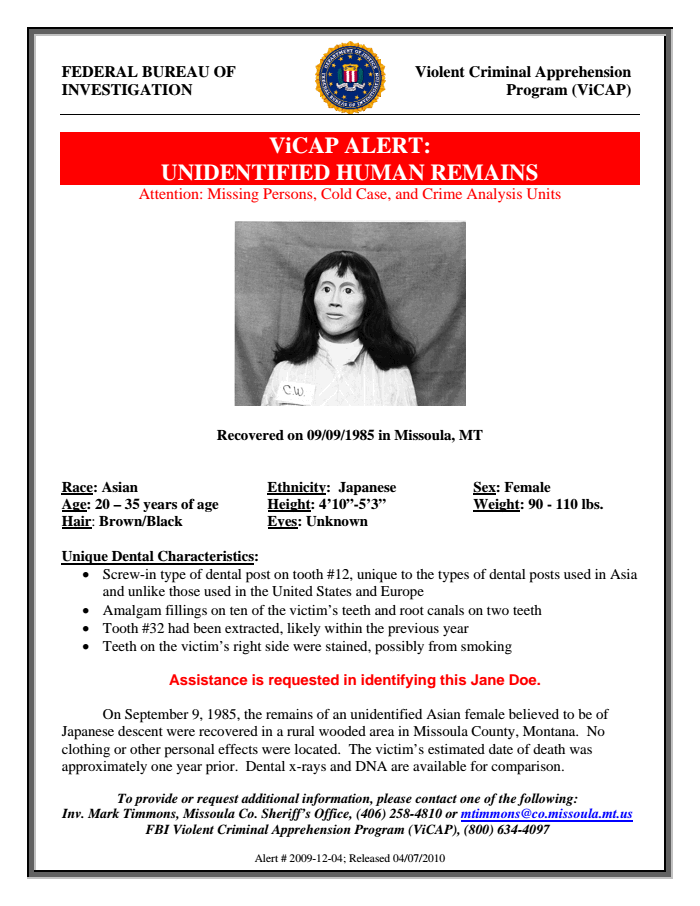 Jane Doe Missoula MT 1985 FBI