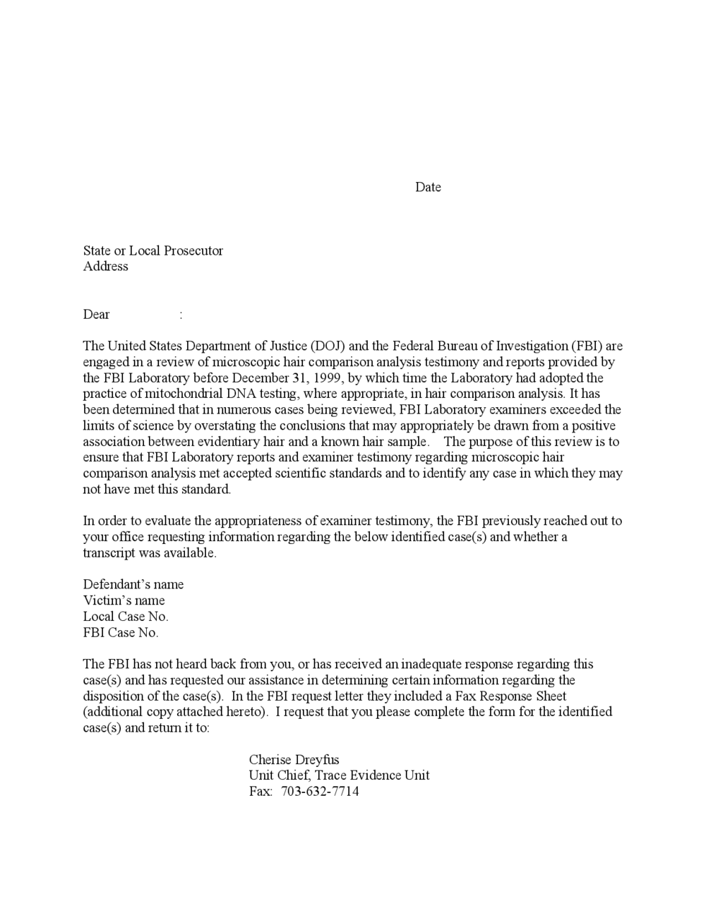 Sample Letter to Prosecutors — FBI