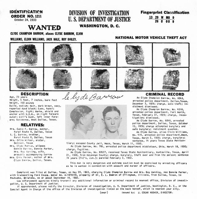 Identification Order of Clyde Barrow October 24 1933