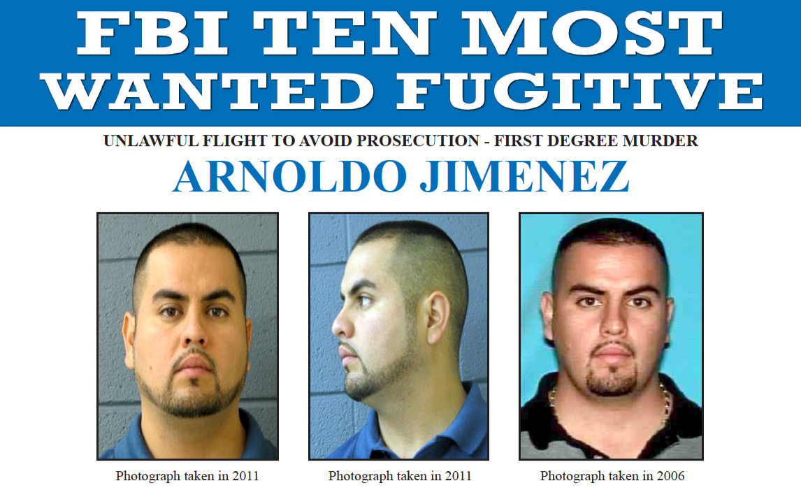 Screenshot of top portion of Arnoldo Jimenez's FBI Ten Most Wanted Fugitive poster displaying three photos and charges of unlawful flight to avoid prosecution, first-degree murder