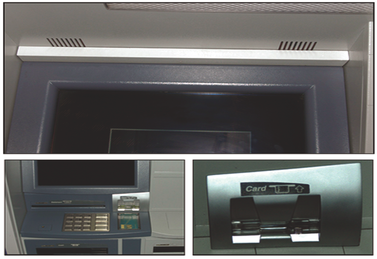 ATM Skimming typically involves the use of hidden cameras (top) to record customers’ PINs and phony keypads (right) placed over real keypads to record keystrokes.