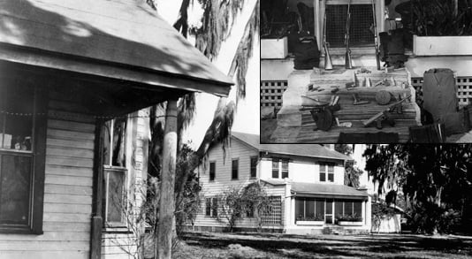 The Florida home (right) where “Doc” and “Ma” Barker were killed in a shootout with Bureau agents. Top Right: Cache of Barker weapons recovered by agents after the January 16, 1935 firefight in Ocklawaha, Florida.