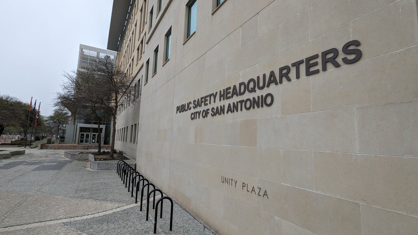 Front facade of Public Safety Headquarters building in San Antonio, Texas.