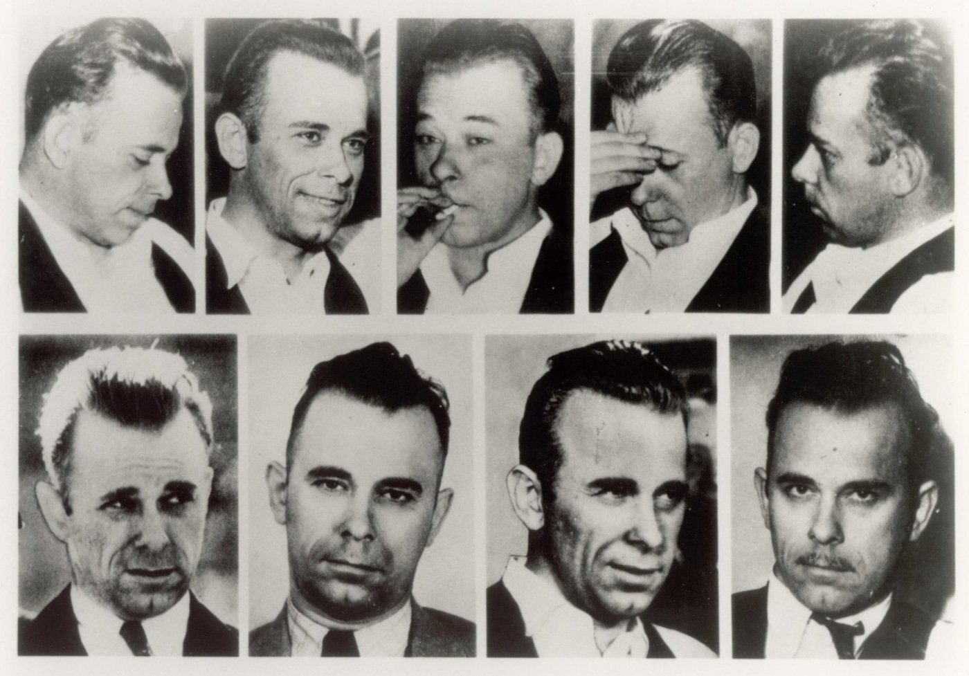 Nine images showing the face of John Dillinger as it changed over the years.