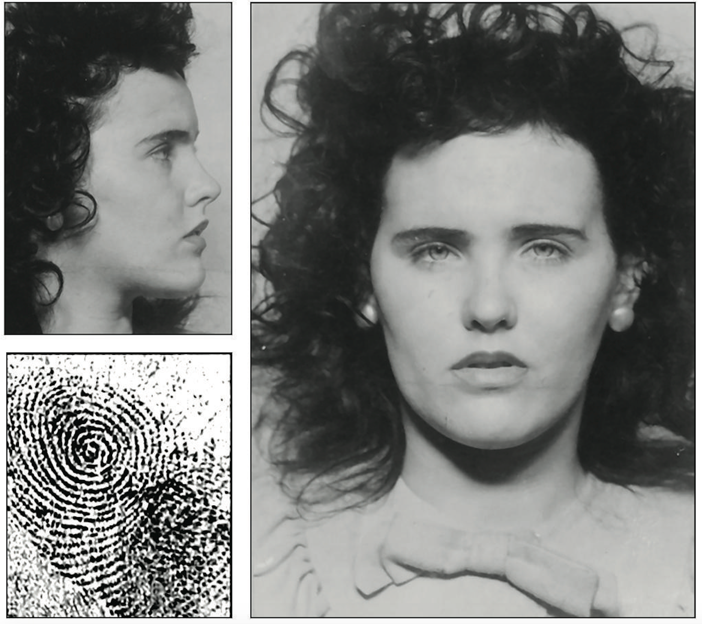 Mug shots and fingerprint of Elizabeth Short, aka the "Black Dahlia," who was brutally murdered in January 1947. The FBI provided Short's prints and mug shots from its files to the press after her murder.