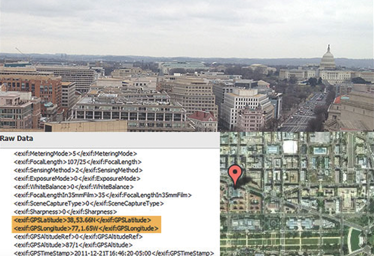 Geocoordinates are embedded in the above image, which was transmitted via a smartphone. The data make it easy to plot the sender’s location on a map.