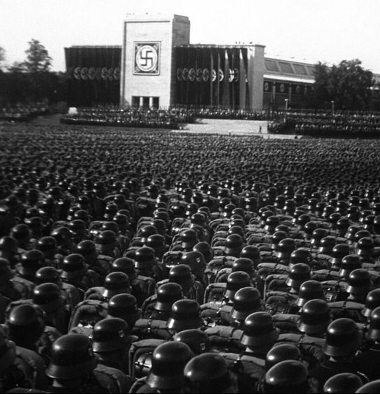 A mass roll call of Nazi troops in Nuremberg, November 9, 1935. National Archives photo.