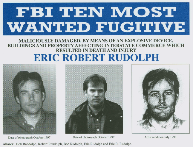 On May 31, 2003, former FBI Top Ten Fugitive Eric Robert Rudolph was arrested by police officer J.S. Postell while rummaging through a trash bin behind a rural grocery story in Murphy, North Carolina. 