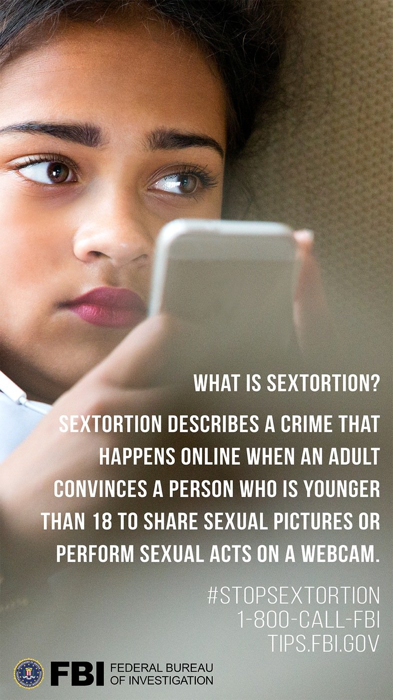 Stock image of girl on smartphone with following text: What is sextortion? Sextortion describes a crime that happens online when an adult convinces a person who is younger than 18 to share sexual pictures or perform sexual acts on a webcam.