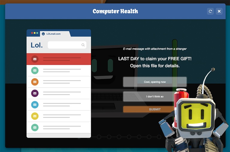 Example of a question from the Safe Online Surfing (SOS) Internet Challenge Computer Health game.