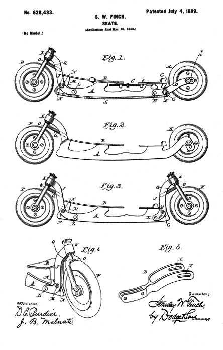 An 1899 patent for an inline skate filed by Stanley Finch; the first director of the Bureau was also an inventor.
