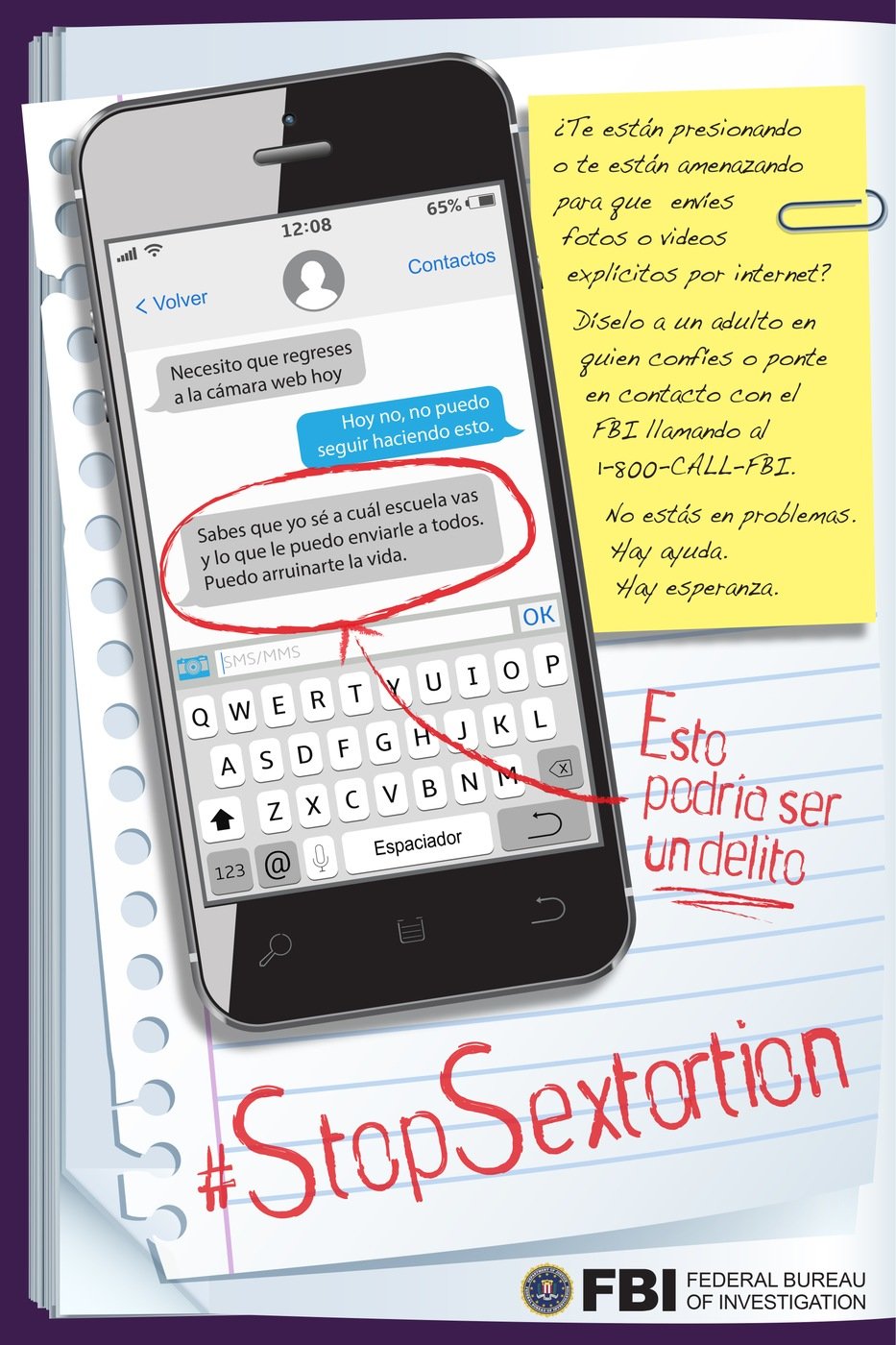 Spanish version of poster encouraging young people to report sextortion to the FBI if they are a victim.