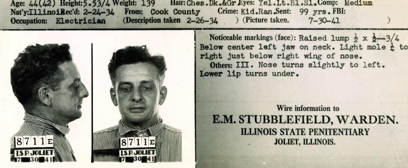 Mug shot and partial criminal record of Roger “The Terrible” Touhy. Touhy and his gang of violent criminals escaped from a penitentiary in Illinois in October 1942.